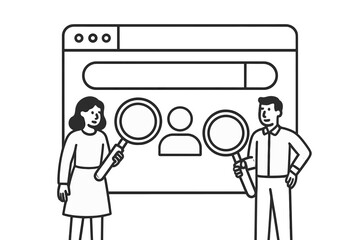 Poster - Two people analyzing data with magnifying glasses in a digital workspace while discussing information