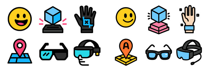 Fototapete - Various icons representing technology, virtual reality, and user interaction in a colorful design