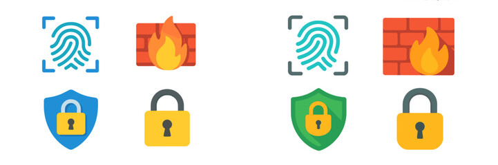 Poster - Colorful digital icons representing security concepts including fingerprint recognition and fire protection in a minimalist style
