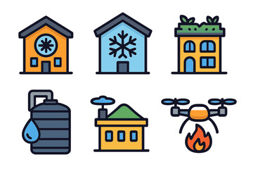Poster - Collection of colorful icons representing homes, water, and technology in a modern design