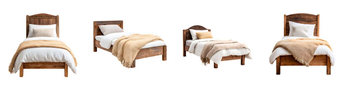 Cozy Bedroom Sets: Four Rustic Wooden Beds with Linens on White Background