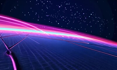 Poster - Abstract digital landscape with vibrant neon lines and starry night sky