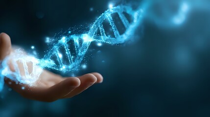 Poster - Glowing blue DNA strand floating above human hand against dark background, representing genetic research and biotechnology advancement in medicine.