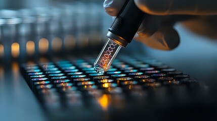 Poster - Macro shot of soldering electronic circuit board with precision tool, glowing LED lights create futuristic atmosphere against dark background. For technology concepts.