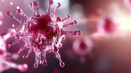 Poster - Pink microscopic virus cell with spiky surface and detailed protein structure floating in blurred background, scientific visualization for medical and educational purposes.