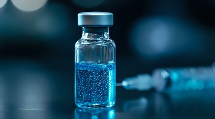 Poster - Medical vial with blue luminescent liquid and bubbles on dark background with bokeh effect, syringe in soft focus. Scientific laboratory research concept.