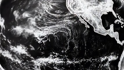 Poster - Black and white animation of planet earth with illuminated continents against a dark background showing global weather patterns. Features an artistic representation of the world
