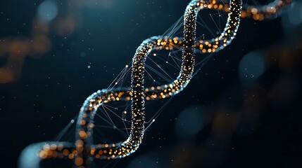 Poster - Glowing orange and blue DNA helix structure with particles floating in dark space background, molecular biology and genetic research visualization.