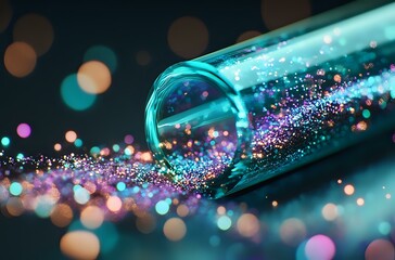 Poster - Colorful glitter spilling from glass tube with magical sparkle effect against dark background, creating dreamy bokeh lights in turquoise and purple tones.