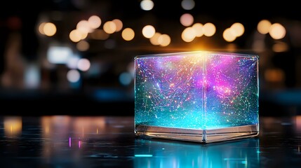Poster - Glowing magical cube with colorful galaxy and stars inside glass box on dark surface with bokeh lights background, cosmic fantasy concept for spiritual design.