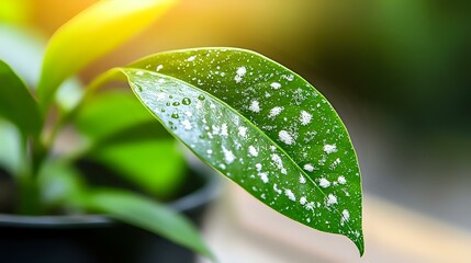 Poster - Fresh green leaf with morning dew drops in sunlight, macro photography showing nature details and water droplets on glossy foliage surface.