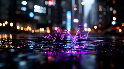Poster - Glowing neon pink heartbeat pulse line reflects on wet city street surface with bokeh lights and urban nightscape background creating futuristic atmosphere.