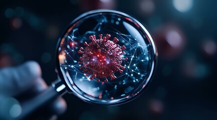 Poster - Magnifying glass revealing detailed red virus cell structure with glowing blue network connections on dark background, scientific research concept for medical studies.