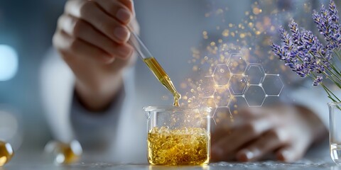 Poster - Laboratory scientist in white coat adding golden liquid dropper to glass beaker with glowing molecular structures and lavender flowers, scientific research concept.