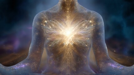 Poster - Glowing spiritual energy emanating from translucent meditating figure against cosmic background with purple and golden light effects, representing inner awakening.