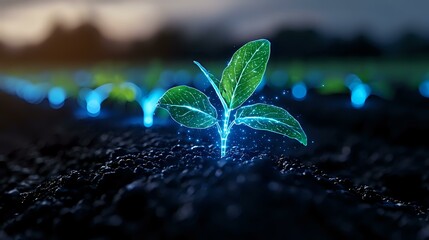 Poster - Glowing blue plant seedling emerging from dark soil with bokeh lights in background, representing growth, innovation and environmental technology.