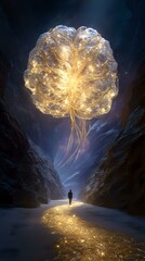 Poster - Silhouette of person walking on glowing path beneath luminous floating jellyfish-like entity in dark canyon, mystical golden light illuminating rocky walls.