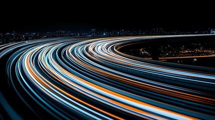 Poster - Curved light trails from vehicle headlights and taillights create glowing streaks against dark night sky, capturing urban traffic movement in long exposure photography.