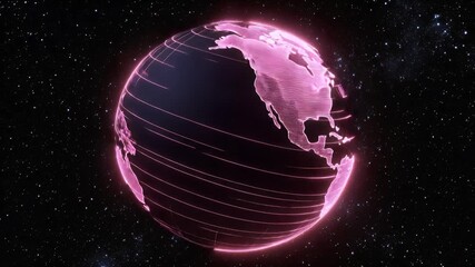 Poster - Animated digital representation of Earth globe displaying pink data dots with a dark space background. Futuristic visualization of global networks and connectivity.