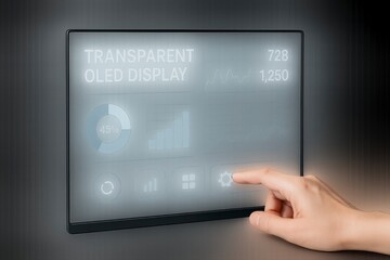 Poster - Hand interacting with transparent oled display showing data and settings