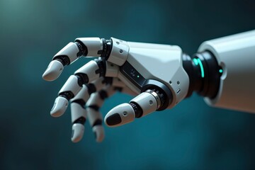 Poster - Close up shot of a white and black robotic hand against teal backdrop