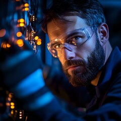 Poster - Bearded Caucasian male scientist in protective glasses illuminated by dramatic blue lighting and orange bokeh, working in dark laboratory environment at night.