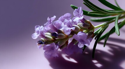 Poster - Delicate purple flowers with green leaves cast soft shadows on purple background, creating romantic mood and ethereal atmosphere for wellness and spa designs.