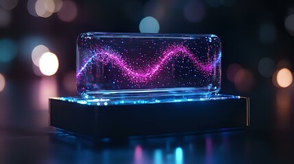 Aufkleber - Glowing pink wave pattern floating in glass display case with blue illuminated base against dark background with bokeh lights creates futuristic atmosphere.