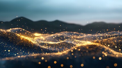 Poster - Glowing golden light waves with sparkles and bokeh effects flow across dark mountain silhouettes at dusk, creating magical atmospheric background.
