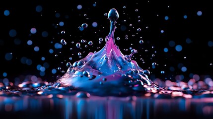 Poster - Vibrant pink and blue water drop collision creating crown splash formation with floating droplets against dark background, captured in high-speed macro photography.