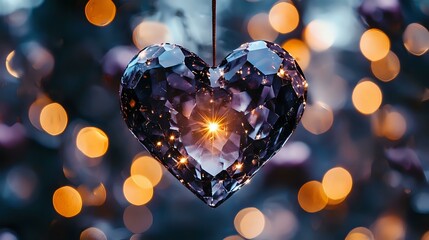 Poster - Crystal heart ornament hanging against blurred bokeh lights background creates romantic atmosphere with golden glowing sparkles and reflections.