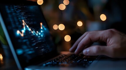 Poster - Trading chart with glowing blue line graph displayed on laptop screen in dark room with bokeh lights, hand typing on keyboard for financial analysis.