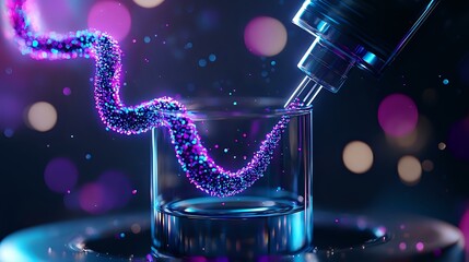 Poster - Glowing DNA molecule strand flowing into laboratory glass container with microscope on dark background with purple and blue bokeh lights and particles.