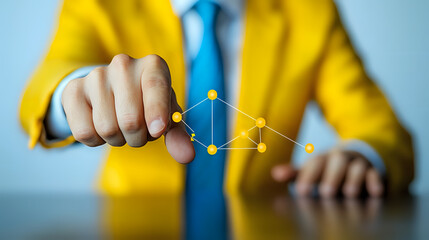Poster - Business professional in yellow suit drawing digital network connection points on transparent surface, demonstrating technology innovation and strategic planning.
