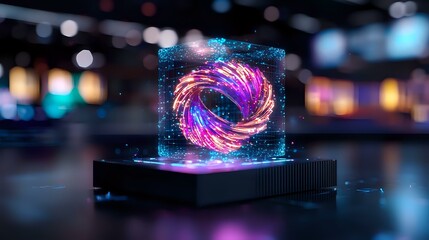 Poster - Glowing spiral hologram in glass cube displays vibrant pink and purple light trails against dark background with bokeh effects, futuristic technology concept.