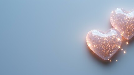 Poster - Glowing pink heart shapes with sparkles and light effects on soft blue background, romantic love concept for Valentine's day and anniversary celebrations.