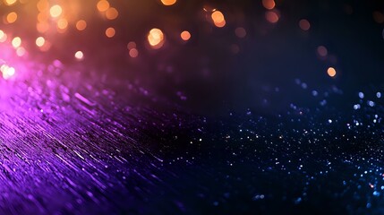Poster - Vibrant purple and blue glowing bokeh lights on dark textured surface with shallow depth of field creating dreamy abstract background for technology designs.