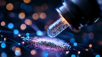 Poster - Glowing magical sparkles pouring from glass bottle against dark background with bokeh lights creating mystical atmosphere for fantasy and magical designs.