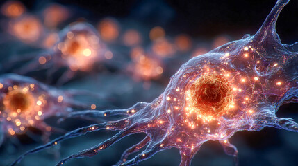 Poster - A highly detailed, glowing neuron cell with branching dendrites illuminated by tiny light points, creating a complex, vibrant network on a dark background
