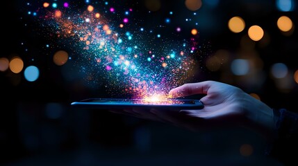 Poster - Magical glowing sparkles and colorful light particles emerging from smartphone in female hand against dark background with bokeh lights. Digital transformation concept.