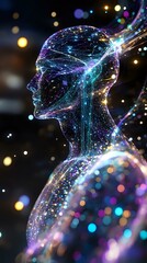 Poster - Glowing silhouette of human profile with luminous network patterns in blue and purple against dark background with bokeh lights and cosmic particles.