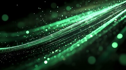 Aufkleber - Glowing green light waves with sparkles and bokeh effects on dark background create dynamic motion and energy flow for technology and science designs.