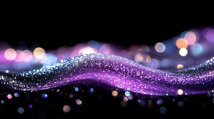 Aufkleber - Magical purple wave of glowing particles and bokeh lights flowing on dark background creates dreamy abstract composition for festive designs and celebrations.
