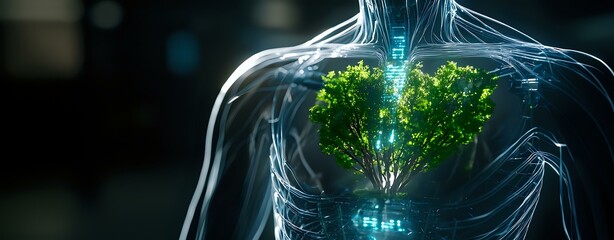 Poster - Glowing translucent human torso with green plant growing inside chest cavity against dark background, representing connection between nature and human body, medical concept.