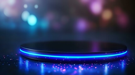 Poster - Futuristic glowing platform with blue neon light ring on dark background with bokeh effects and sparkles, creating modern technological atmosphere.