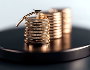 Poster - Stacks of silver coins on dark reflective surface with upward arrow symbol representing financial growth and investment success in warm lighting.