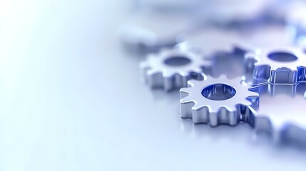 Poster - Metallic gear wheels on light background with selective focus and copy space, representing business teamwork and mechanical processes.