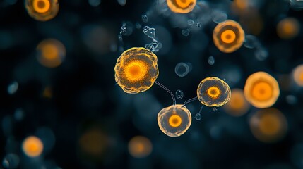 Poster - Glowing orange microscopic cells floating in dark blue space with bokeh effect, showing detailed cellular structure and bioluminescent patterns. Scientific concept.