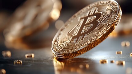 Poster - Golden cryptocurrency coin with bitcoin symbol on blurred background with scattered small coins, dramatic lighting creates luxurious mood.