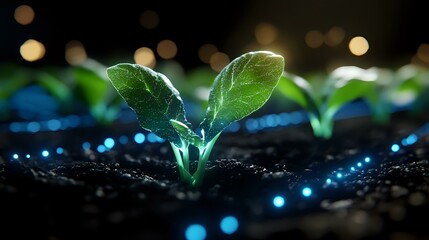 Poster - Young green plant seedling growing from soil with magical glowing blue lights and golden bokeh background, representing growth, hope and new beginnings.